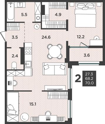 70 м², 3-комн. квартира, 8/12 этаж