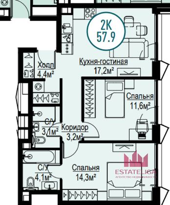 Продажа 2-комнатной квартиры 58 м², 16/30 этаж