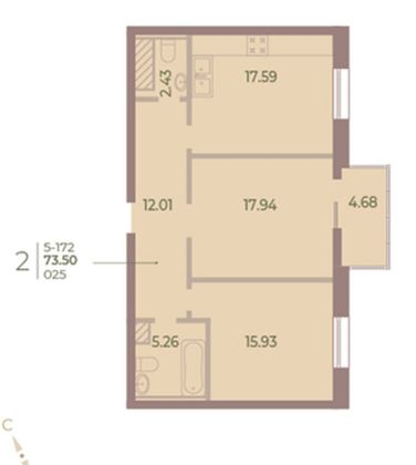 Продажа 2-комнатной квартиры 73,4 м², 7/9 этаж