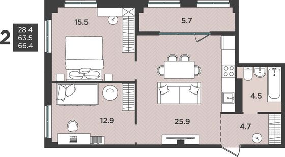 66,4 м², 3-комн. квартира, 7/12 этаж