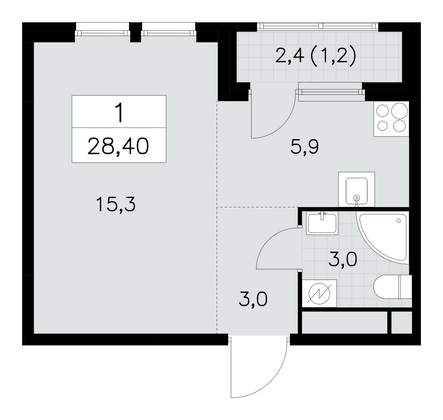 28,4 м², 1-комн. квартира, 25/30 этаж