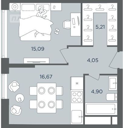 Продажа 1-комнатной квартиры 44,7 м², 6/53 этаж