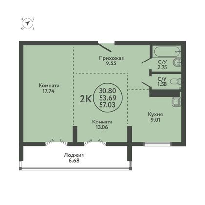 57 м², 2-комн. квартира, 3/9 этаж