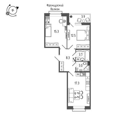 63,3 м², 2-комн. квартира, 2/12 этаж