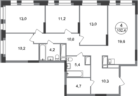 102,4 м², 4-комн. квартира, 16/20 этаж