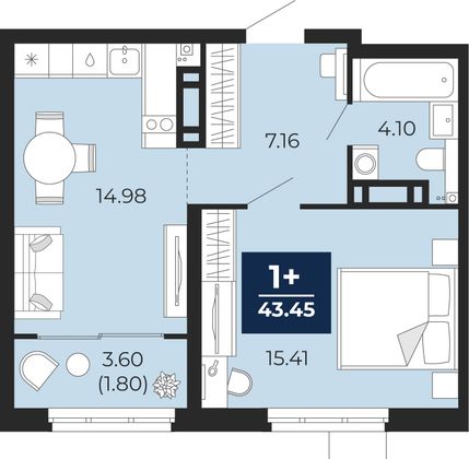 43,5 м², 1-комн. квартира, 10/15 этаж