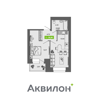 38,8 м², 1-комн. квартира, 9/9 этаж