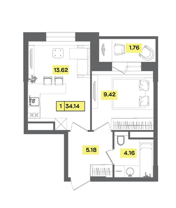 Продажа 2-комнатной квартиры 34,1 м², 3 этаж