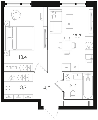 38,5 м², 1-комн. квартира, 8/12 этаж