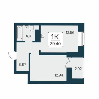 39,4 м², 1-комн. квартира, 20/25 этаж