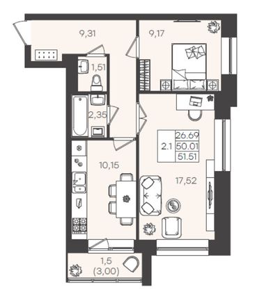 51,5 м², 2-комн. квартира, 2/5 этаж