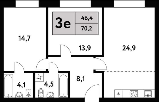 70,2 м², 3-комн. квартира, 33/35 этаж