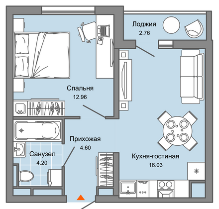 39 м², 2-комн. квартира, 4/9 этаж