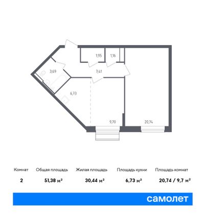 51,4 м², 1-комн. квартира, 8/8 этаж