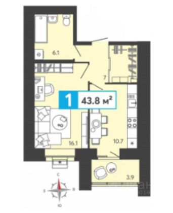 Продажа квартиры со свободной планировкой 43,8 м², 3/17 этаж