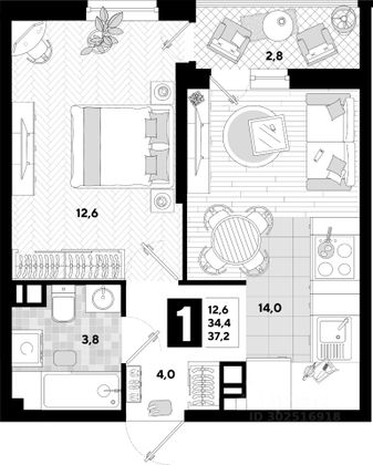 Продажа 1-комнатной квартиры 37,4 м², 6/16 этаж