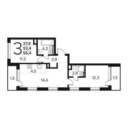 Продажа 3-комнатной квартиры 56,4 м², 2/9 этаж