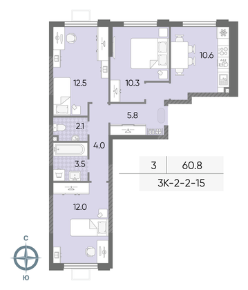 60,8 м², 3-комн. квартира, 3/24 этаж