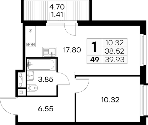 39,9 м², 1-комн. квартира, 6/15 этаж