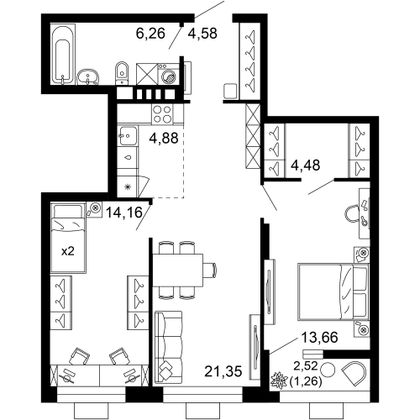 70,6 м², 3-комн. квартира, 6/10 этаж