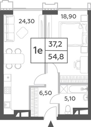 54,8 м², 2-комн. квартира, 44/52 этаж