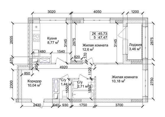 48,7 м², 2-комн. квартира, 1/15 этаж