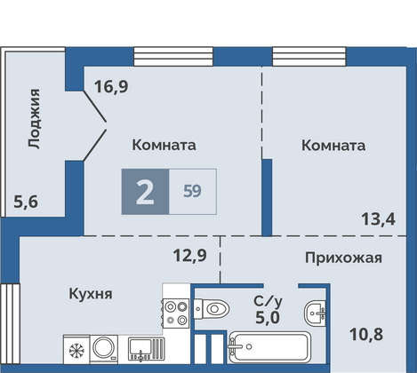 59 м², 2-комн. квартира, 8/15 этаж