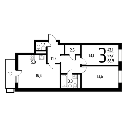 68,9 м², 3-комн. квартира, 10/15 этаж