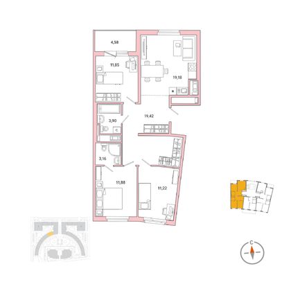 85 м², 3-комн. квартира, 2/8 этаж