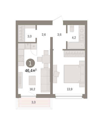 Продажа 1-комнатной квартиры 46,4 м², 3/8 этаж