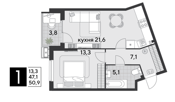 Продажа 1-комнатной квартиры 50,9 м², 2/18 этаж