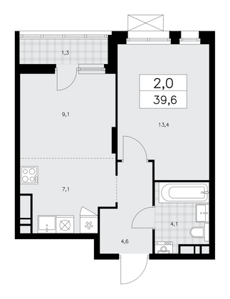 39,6 м², своб. планировка, 14/15 этаж