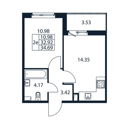 34,7 м², 1-комн. квартира, 1/12 этаж