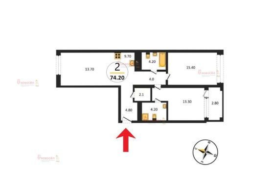 Продажа 2-комнатной квартиры 74,2 м², 6/9 этаж