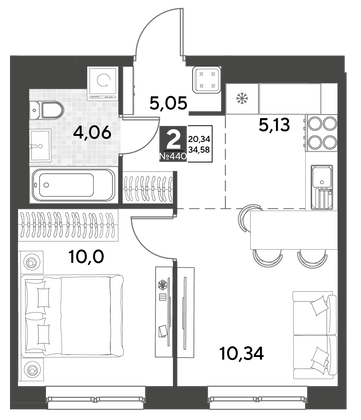 Продажа 2-комнатной квартиры 34,6 м², 8/21 этаж