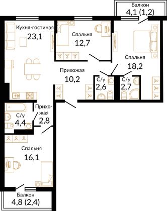 98,2 м², 3-комн. квартира, 2 этаж