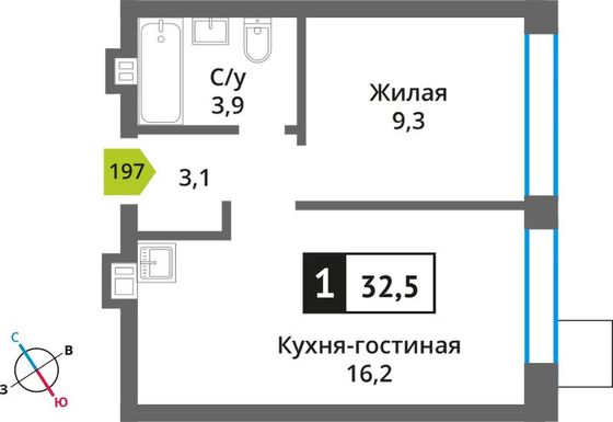 Продажа 1-комнатной квартиры 32,5 м², 3/6 этаж