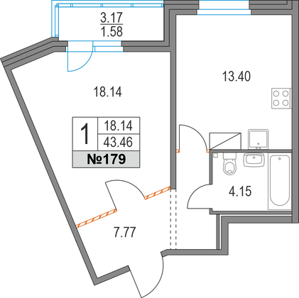 43,5 м², 1-комн. квартира, 12/19 этаж