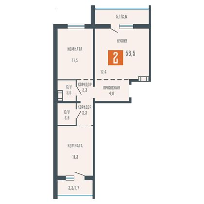 58,5 м², 2-комн. квартира, 6/10 этаж