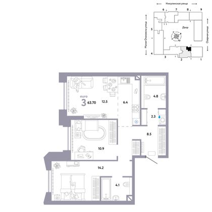 63,7 м², 3-комн. квартира, 9/30 этаж