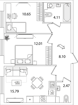 53,1 м², 2-комн. квартира, 2/9 этаж