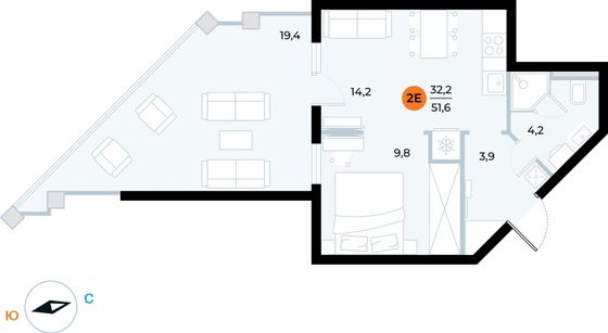 51,6 м², 1-комн. квартира, 2/6 этаж