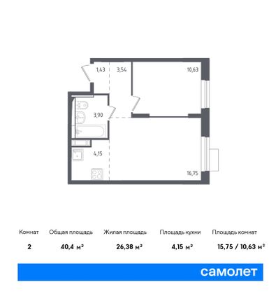 40,4 м², 1-комн. квартира, 5/12 этаж