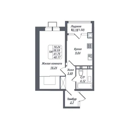 Продажа 1-комнатной квартиры 40,2 м², 4/8 этаж