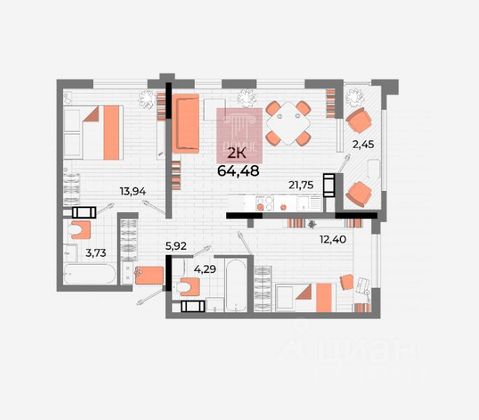 Продажа 2-комнатной квартиры 64,5 м², 5/10 этаж