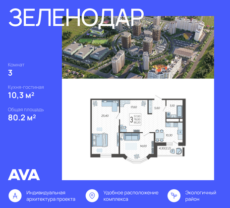 80,2 м², 3-комн. квартира, 6/16 этаж