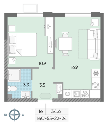 Продажа 1-комнатной квартиры 34,6 м², 24/24 этаж