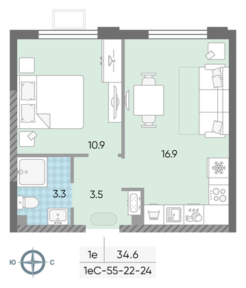 34,6 м², 1-комн. квартира, 24/24 этаж