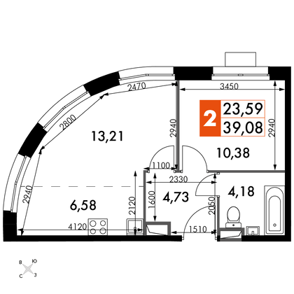 39,1 м², 2-комн. квартира, 5/15 этаж