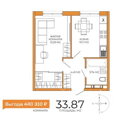 Продажа 1-комнатной квартиры 34 м², 2/14 этаж